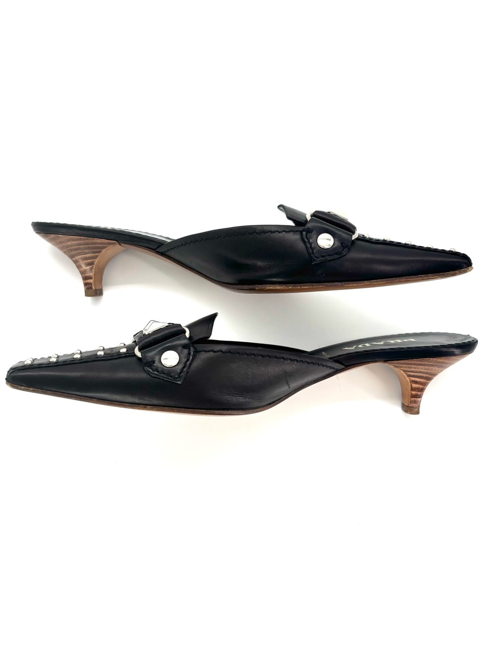 Prada Black Leather Studded Pointed Toe Kitten Heel Mules Pumps 37 - Picture 4 of 8